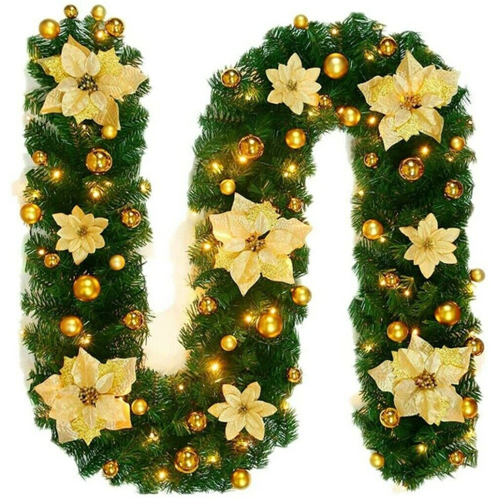 9FT Christmas Garland LED Lights Up Xmas Wreath Fireplace Door Decor Gold