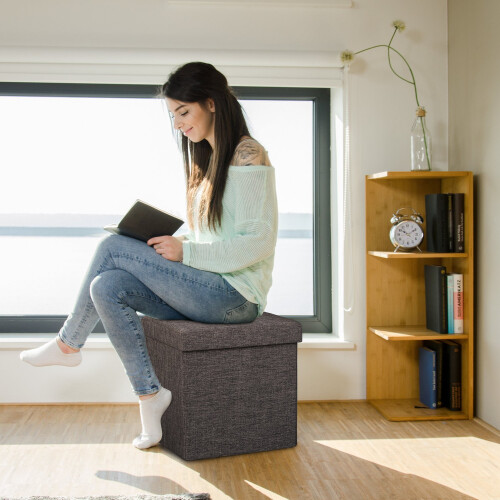 Tabouret pliable avec rangement en tissu lin 1