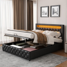 (Black) Upholstered Bed Functional Bed Frame with LED Lighting