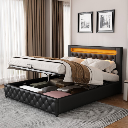 (Black) Upholstered Bed Functional Bed  Frame with LED Lighting