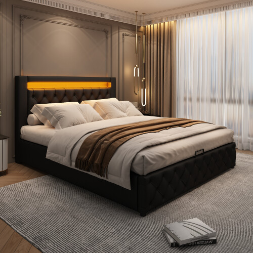 (Black) Upholstered Bed Functional Bed  Frame with LED Lighting 2