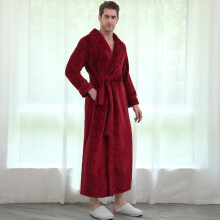 (RED, M) Mens Flannel Bathrobes Wraps Fleece Nightgown