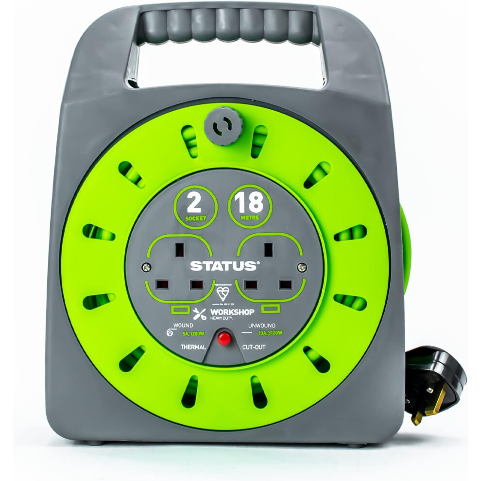 STATUS 2 Socket Cable Reel 18m Green Extension Lead 13A with Thermal Cut Out Heavy Duty Outdoor Extension Lead S18M2G13ACR4