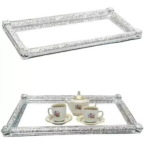 Crushed Diamond Silver Tray 39x18cm, Crystal Filled Mirror Tray