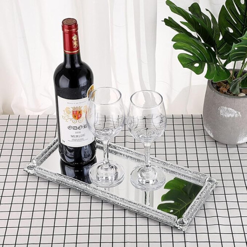 Crushed Diamond Silver Tray 39x18cm, Crystal Filled Mirror Tray 1