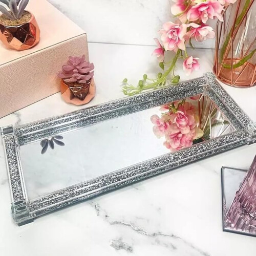 Crushed Diamond Silver Tray 39x18cm, Crystal Filled Mirror Tray 2