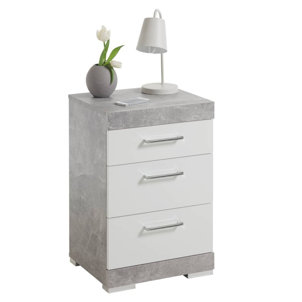 FMD Bedside Table with 3 Drawers Concrete Grey and Glossy White Nightstand