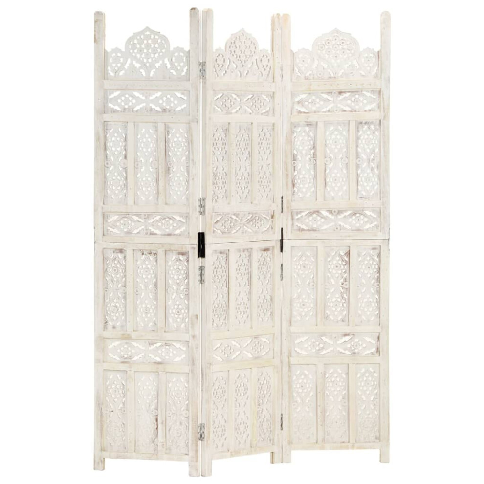 vidaXL Solid Mango Wood Hand carved 3-Panel Room Divider White 120cm Screen