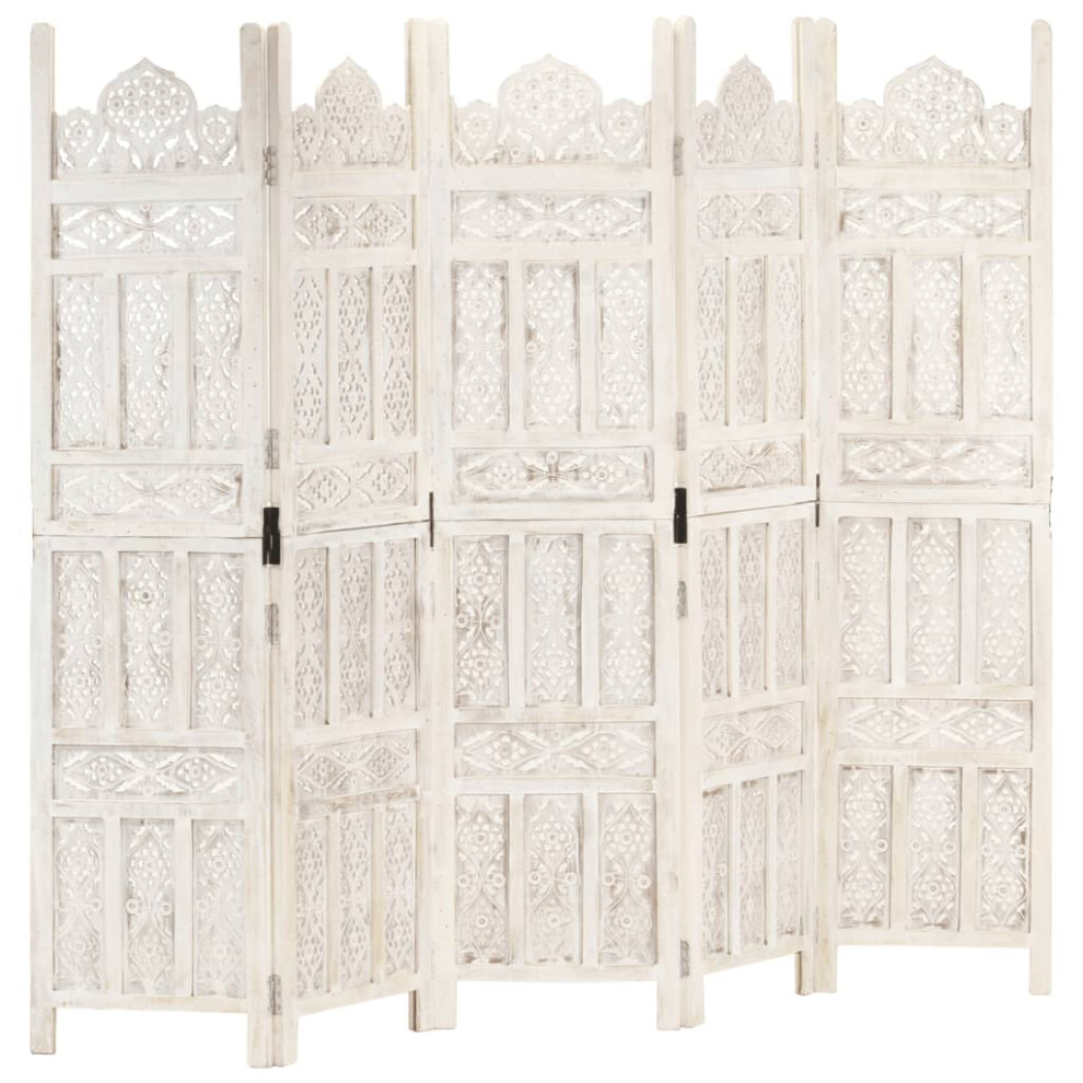vidaXL Solid Mango Wood Hand carved 5-Panel Room Divider White 200cm Partition