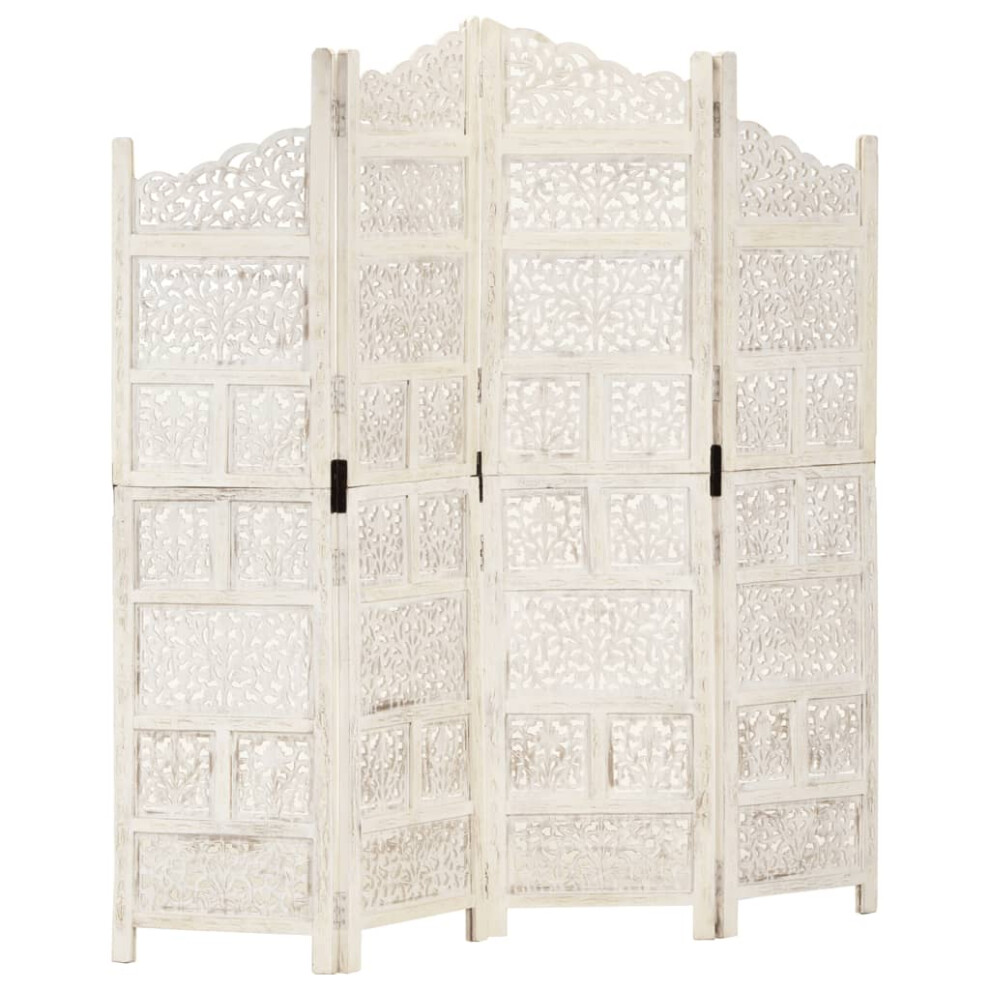 vidaXL 4-Panel Room Divider, White Hand-Carved Solid Mango Wood & MDF Screen 160x165 cm-image-OPC-P6979XW-NEW