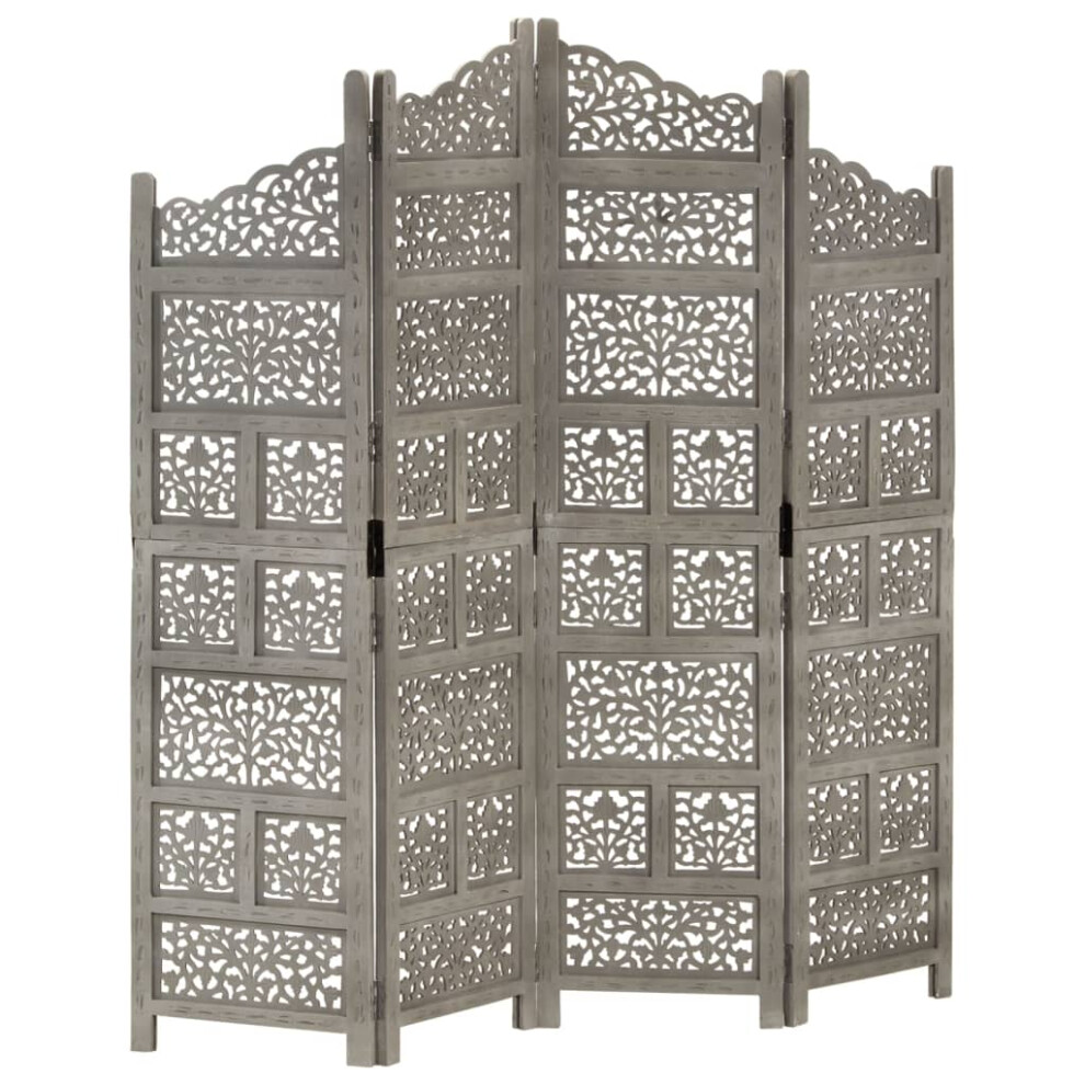 vidaXL Solid Mango Wood Hand carved 4-Panel Room Divider Grey Privacy Screen