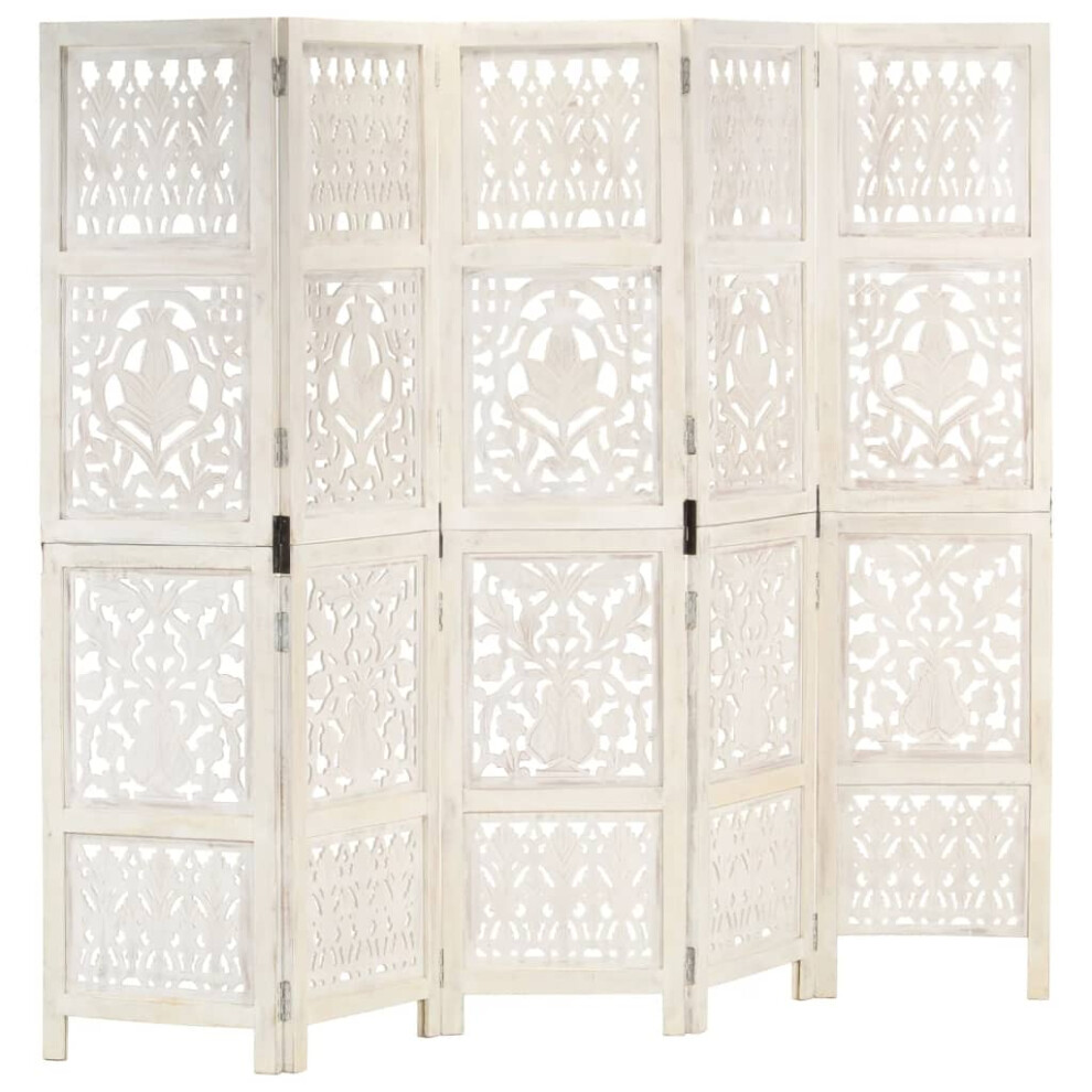 vidaXL Solid Mango Wood Hand carved 5-Panel Room Divider White 200cm Screen