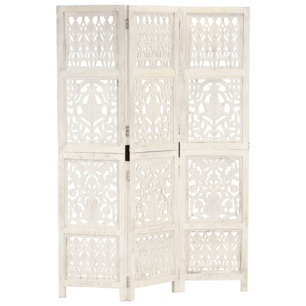 vidaXL Solid Mango Wood Hand carved 3-Panel Room Divider White 120cm Screen