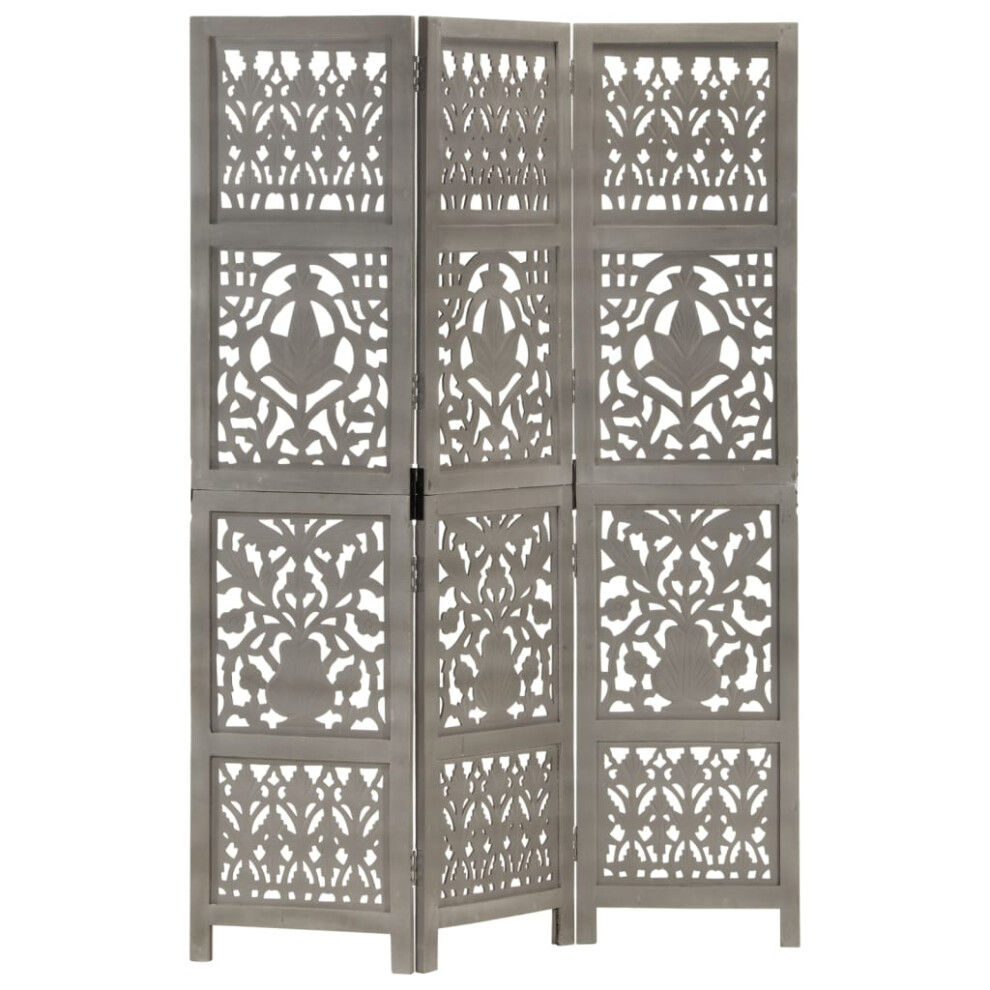 vidaXL Solid Mango Wood Hand Carved 3-Panel Room Divider Grey 120x165cm Screen