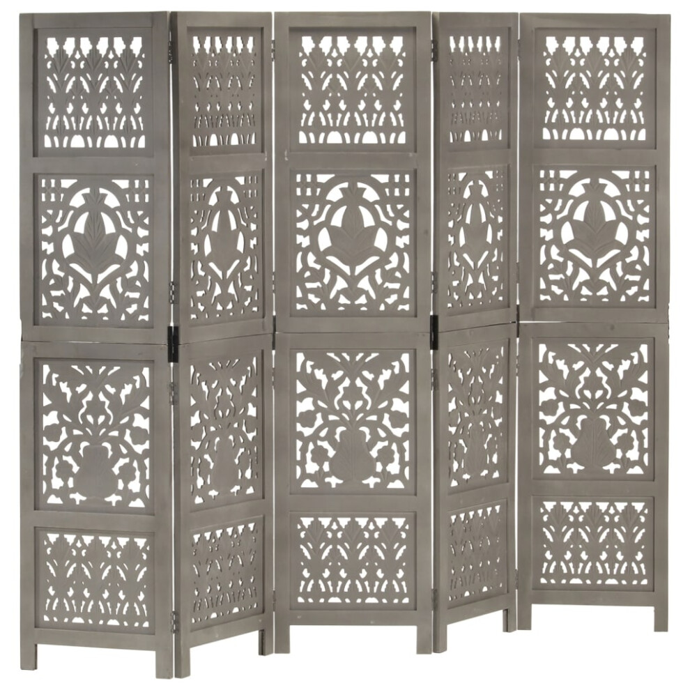 vidaXL Solid Mango Wood Hand Carved 5-Panel Room Divider Grey 200x165cm Screen