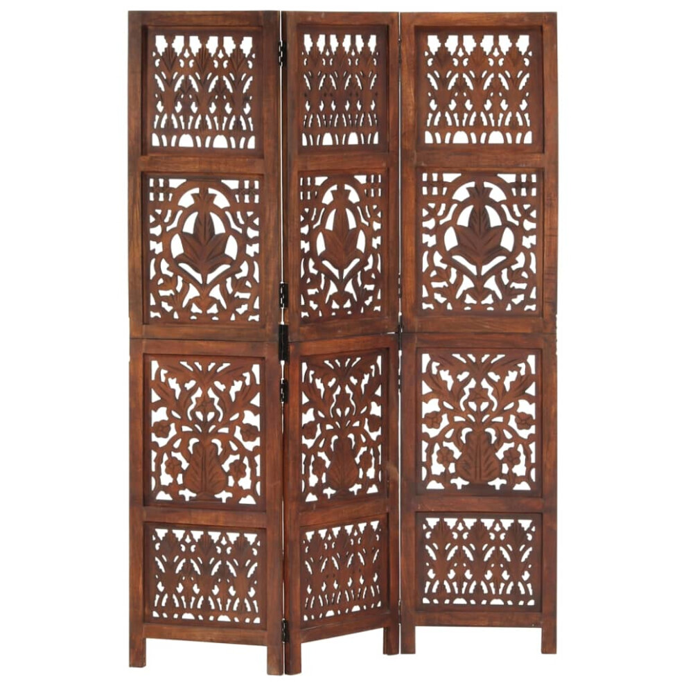 vidaXL Solid Mango Wood Hand Carved 3-Panel Room Divider Brown Furniture