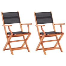 vidaXL 2x Solid Eucalyptus Wood Folding Garden Chairs Black Textilene Seating