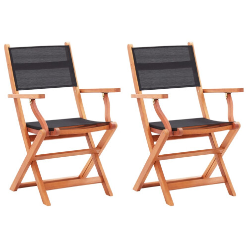 vidaXL 2x Solid Eucalyptus Wood Folding Garden Chairs Black Textilene Seating