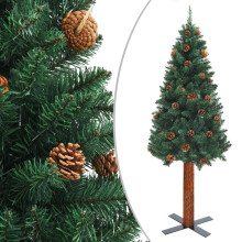 vidaXL Slim Christmas Tree with Real Wood and Cones Green PVC Xmas Decoration