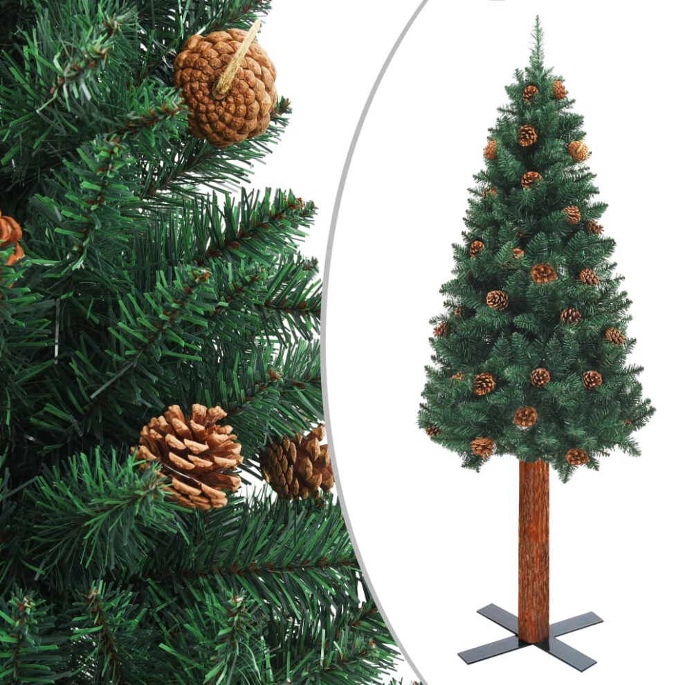 Vidaxl Slim Christmas Tree With Real Wood And Cones Pvc Xmas Decoration Green