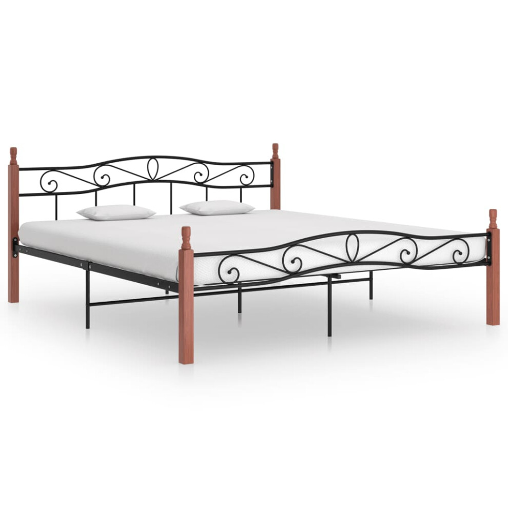 vidaXL Bed Frame Black Metal and Solid Oak Wood 200x200 cm Bedroom Furniture