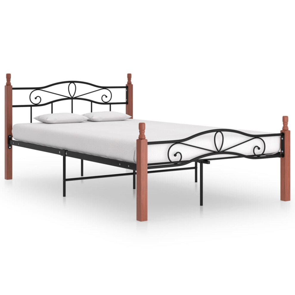 vidaXL Bed Frame Black Metal and Solid Oak Wood 120x200 cm Bedroom Furniture