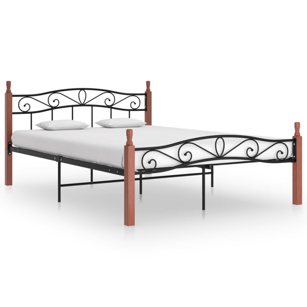 vidaXL Bed Frame Black Metal and Solid Oak Wood 140x200 cm Bedroom Furniture