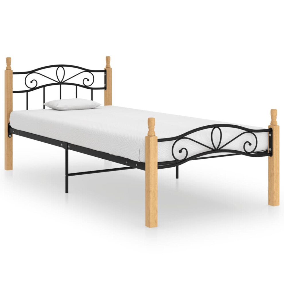 vidaXL Bed Frame Black Metal and Solid Oak Wood 100x200 cm Bedroom Furniture