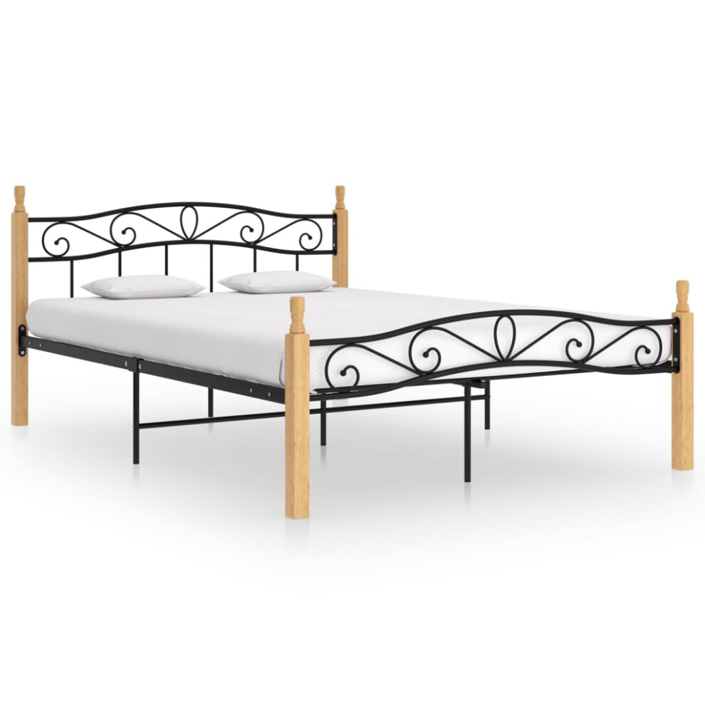 vidaXL Bed Frame Black Metal and Solid Oak Wood 140x200 cm Bedroom Furniture