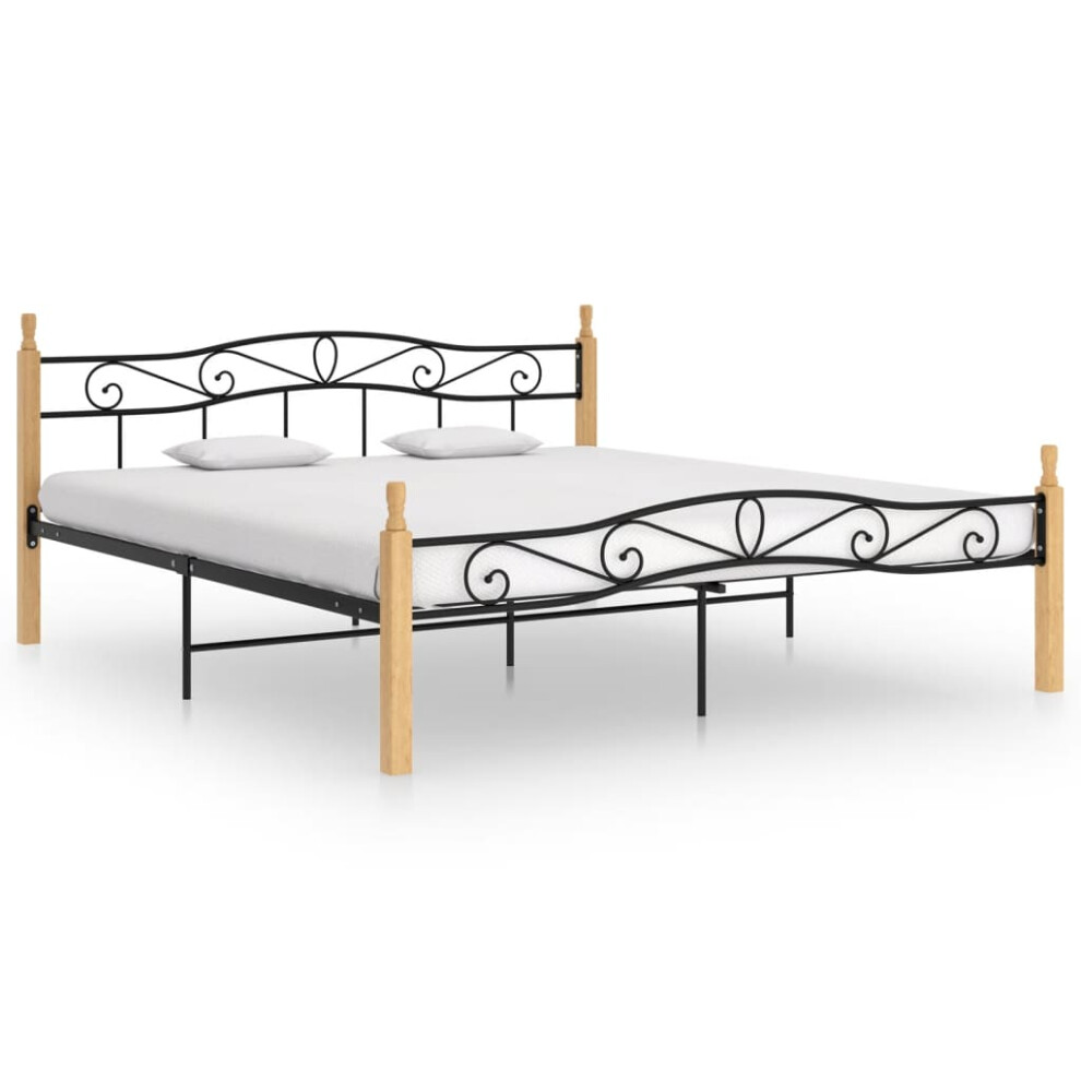 vidaXL Bed Frame Bed Base Black Metal and Solid Oak Wood 180x200 cm Super King