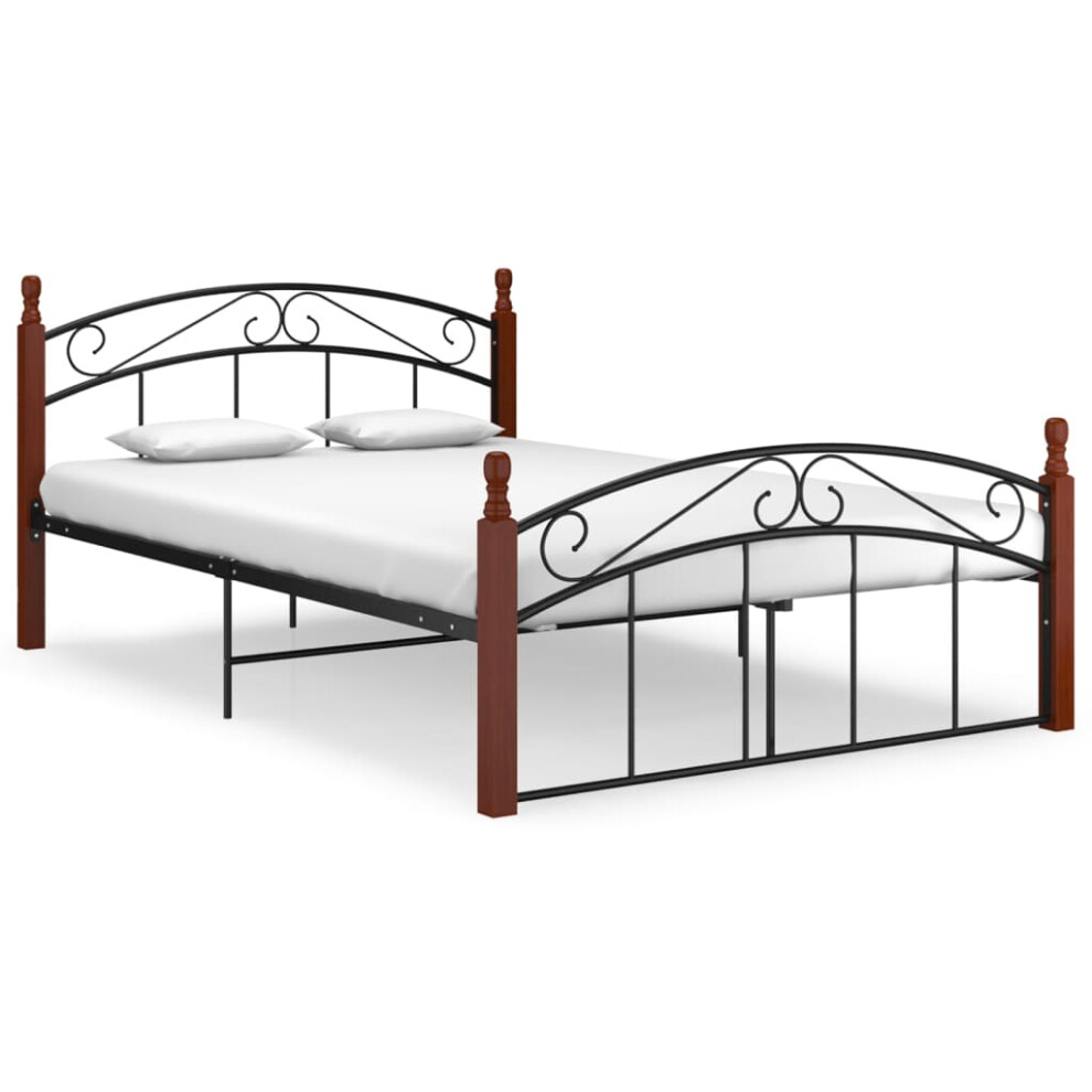 vidaXL Bed Frame Black Metal and Solid Oak Wood 140x200 cm Bedroom Furniture