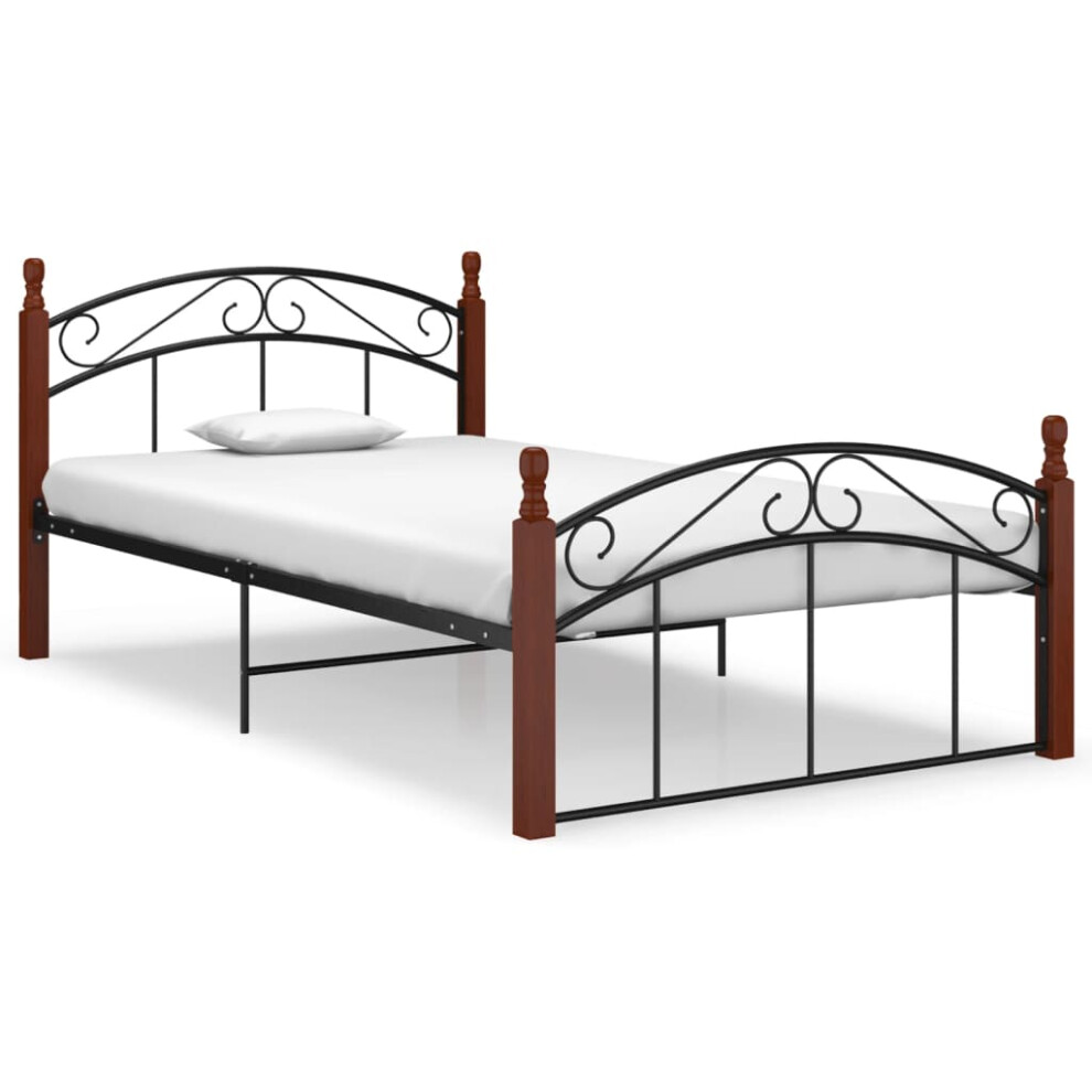 vidaXL Bed Frame Black Metal and Solid Oak Wood 120x200 cm Bedroom Furniture