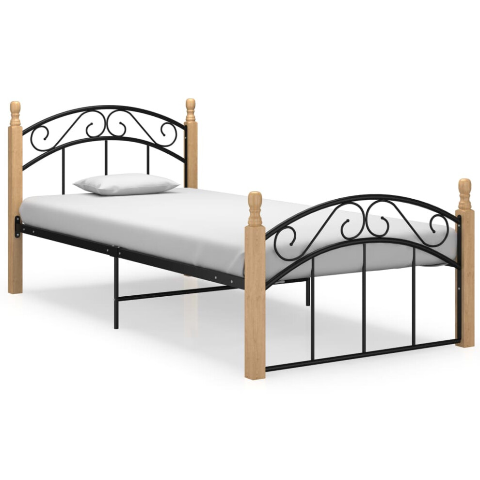 vidaXL Bed Frame Black Metal and Solid Oak Wood 90x200 cm Bedroom Furniture