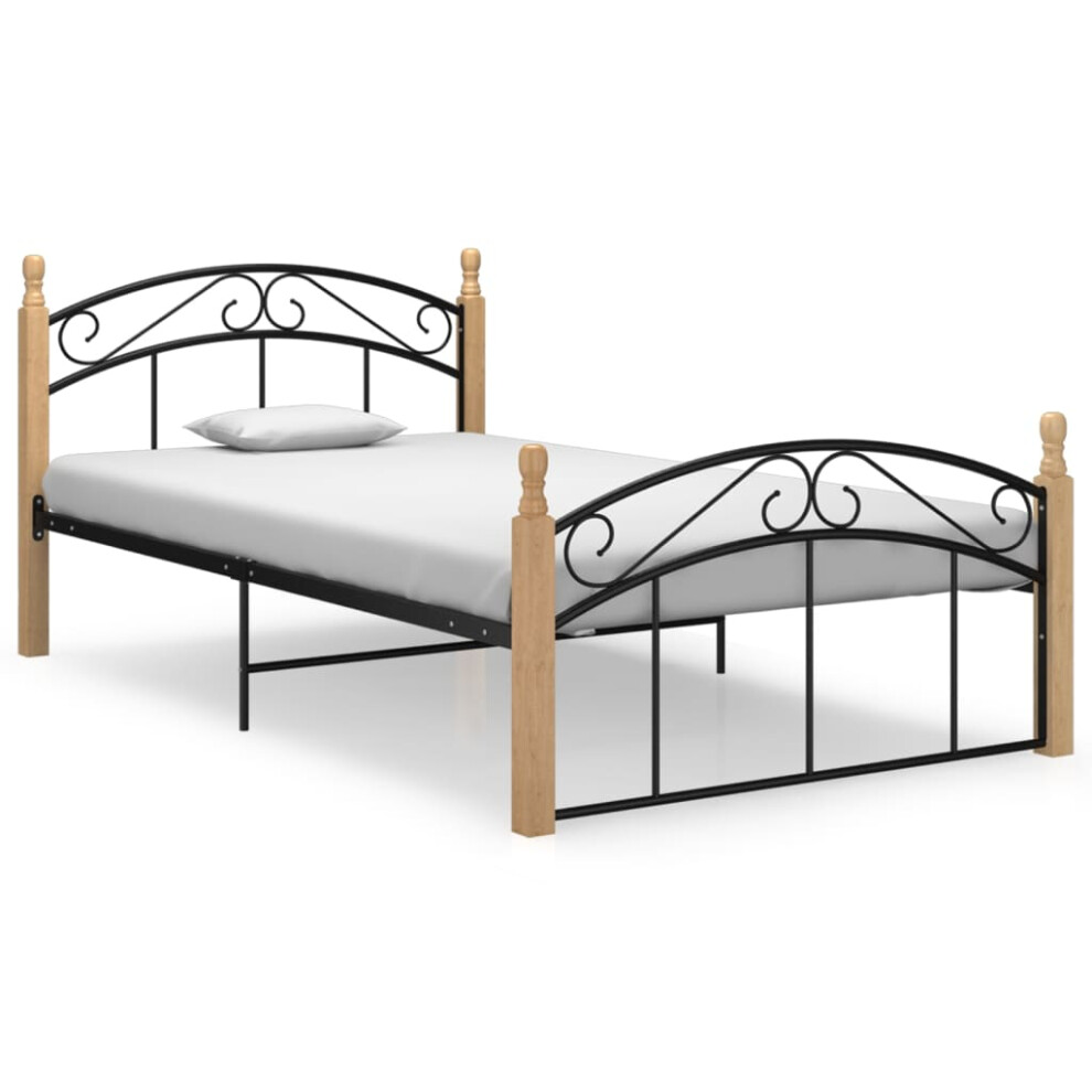 vidaXL Bed Frame Black Metal and Solid Oak Wood 120x200 cm Bedroom Furniture