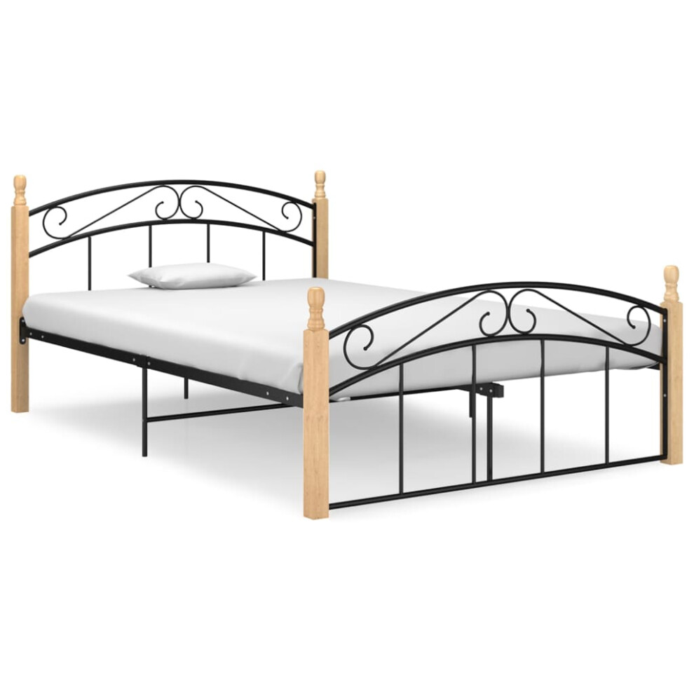 vidaXL Bed Frame Black Metal and Solid Oak Wood 140x200 cm Bedroom Furniture