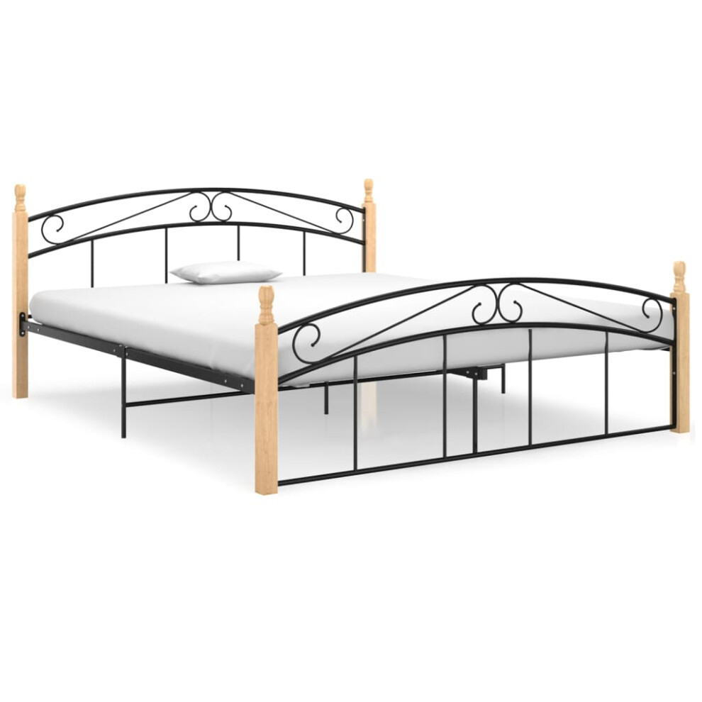 vidaXL Bed Frame Black Metal and Solid Oak Wood 160x200 cm Bedroom Furniture