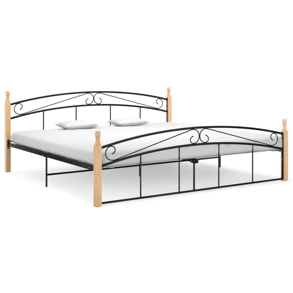 vidaXL Bed Frame Black Metal and Solid Oak Wood 200x200 cm Bedroom Furniture