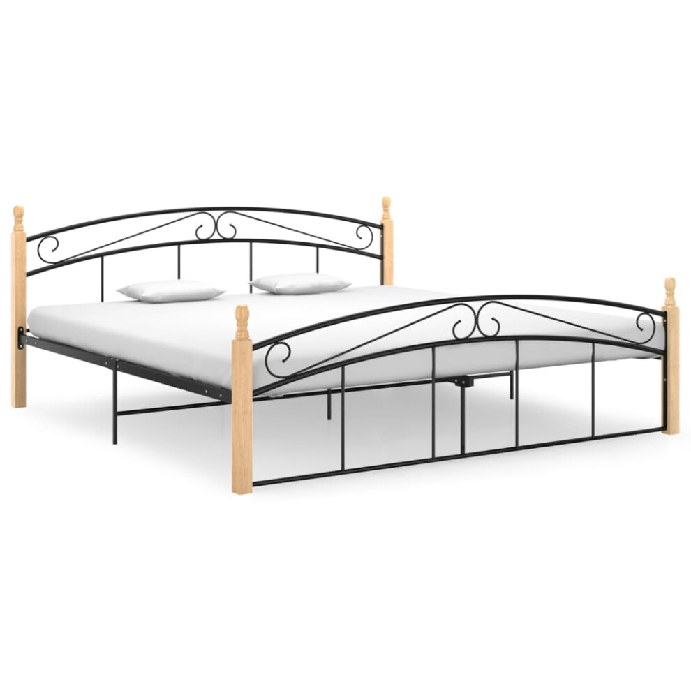 vidaXL Bed Frame Bed Base Black Metal and Solid Oak Wood 180x200 cm Super King