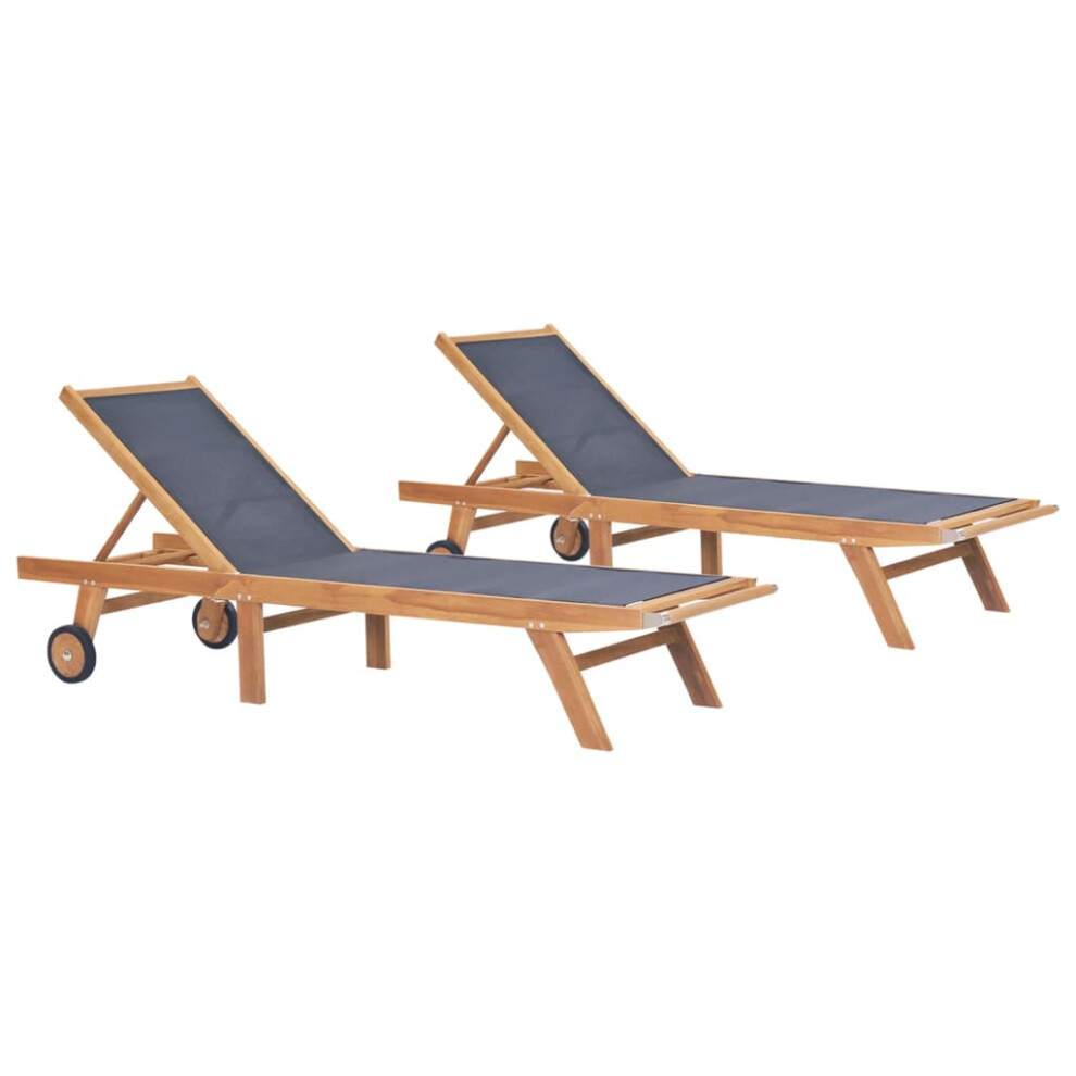 vidaXL 2x Solid Teak and Textilene Folding Sun Loungers with Wheels Sunbeds