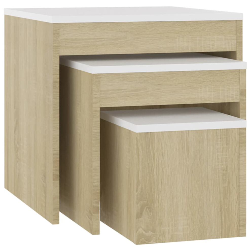 vidaXL 3x Nesting Tables White & Sonoma Oak Chipboard Home Side End Table Set