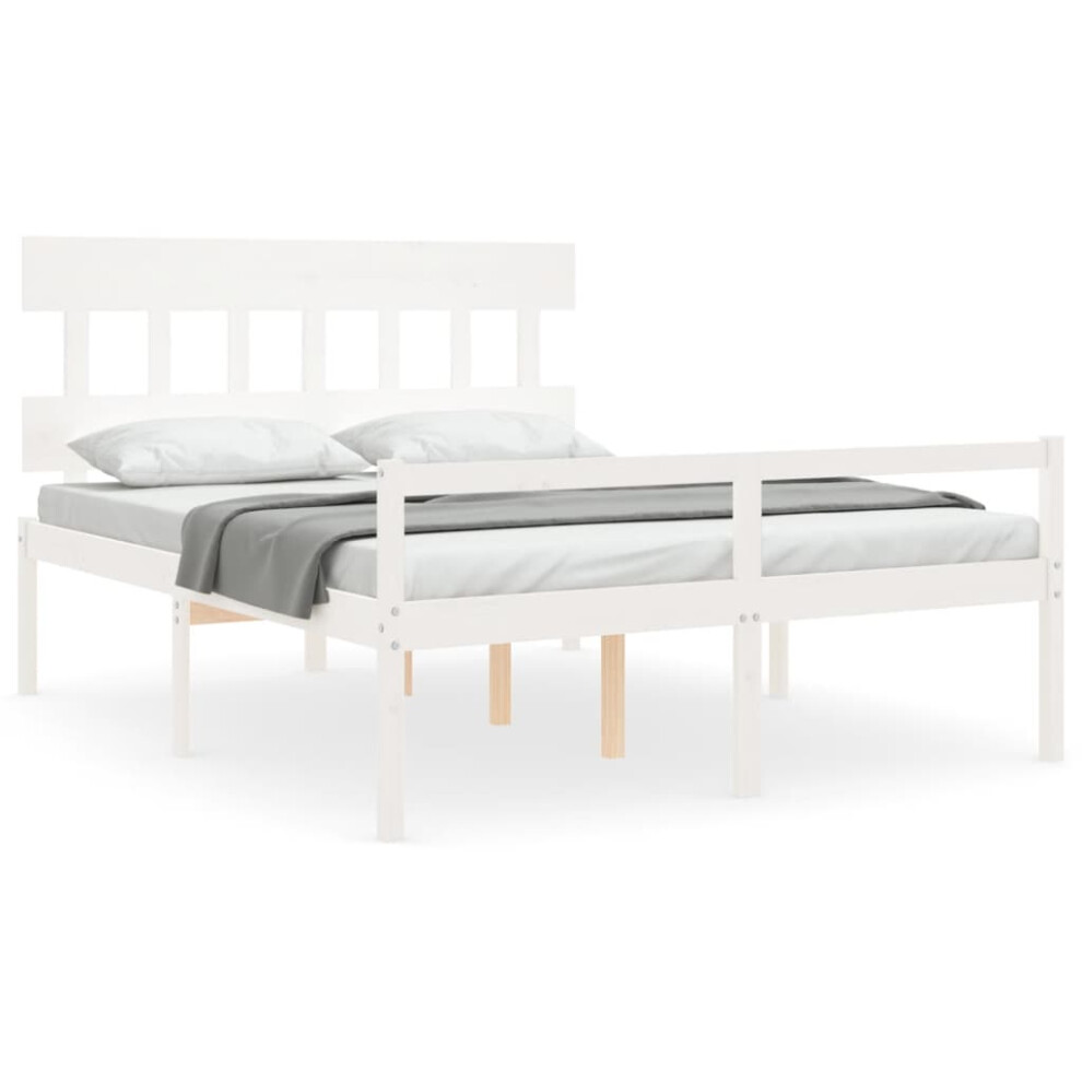 (white, 150 x 200 cm/high) vidaXL Bed Frame with Headboard Mattress Foundation Bed Base Single Solid Wood