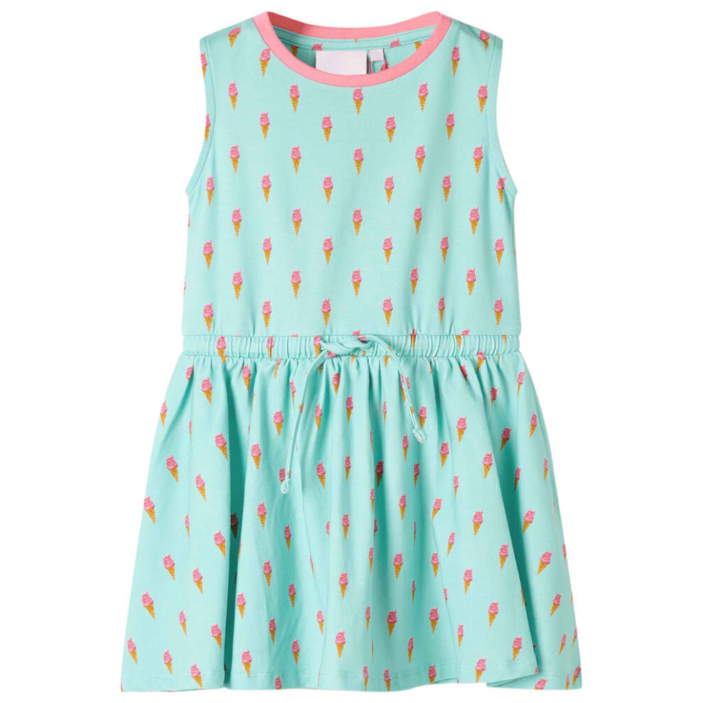 (140) Kids' Dress with Drawstring Children Girl's Dress Ice Cream Print Light Mint