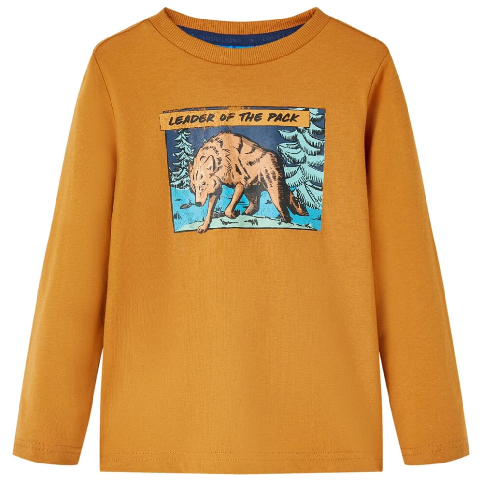 (116) Kids' T-shirt with Long Sleeves Children's T Shirt Tee Wolf Print Dark Ochre