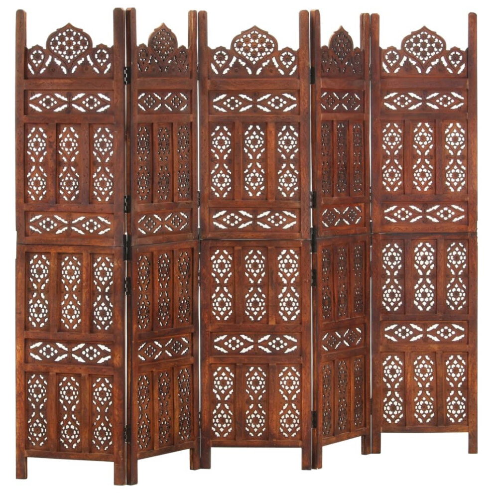 vidaXL Solid Mango Wood Hand carved 5-Panel Room Divider Brown 200cm Partition