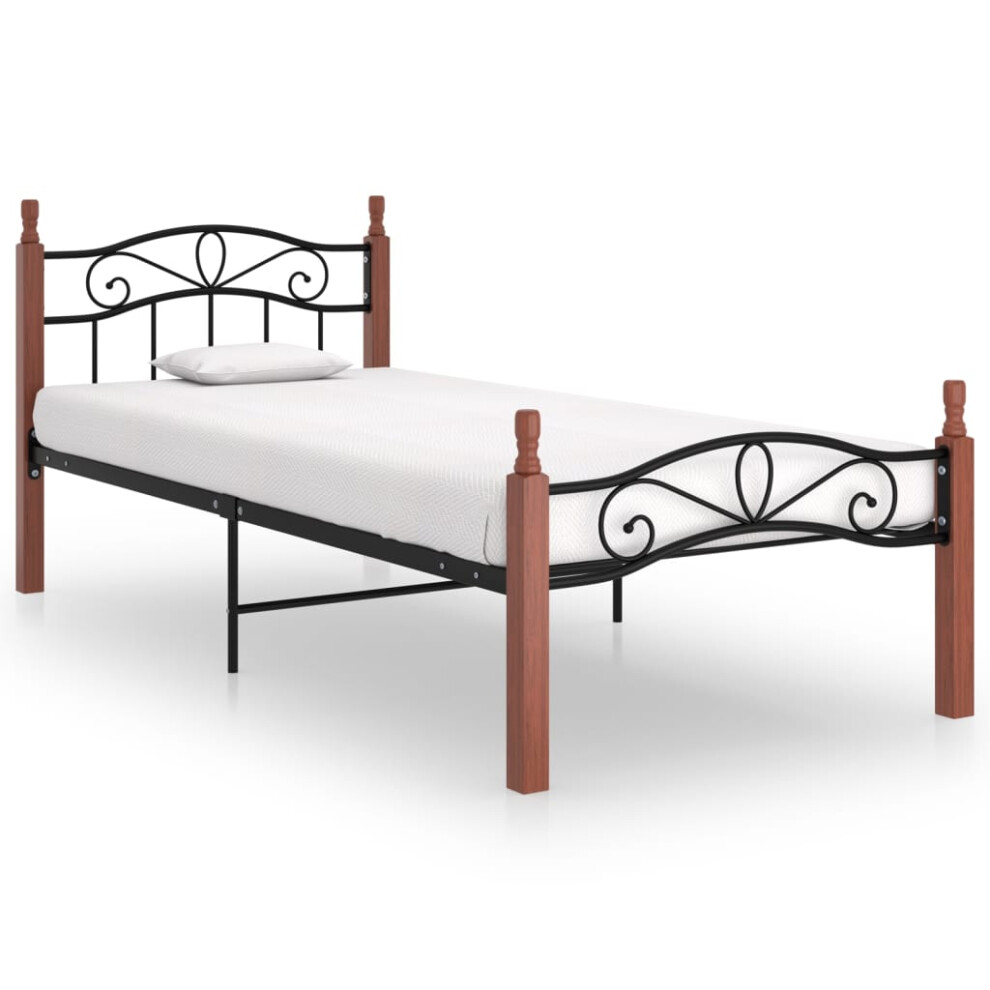 vidaXL Bed Frame Black Metal and Solid Oak Wood 90x200 cm Bedroom Furniture