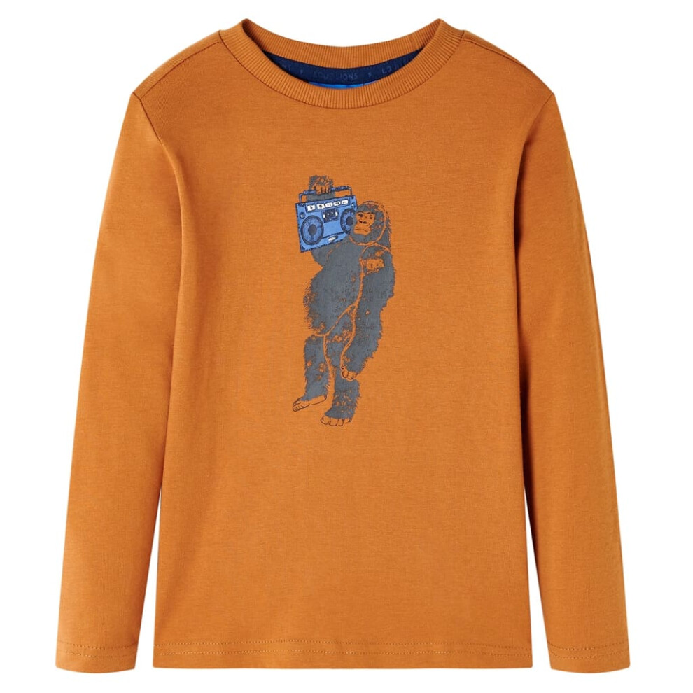 (140) Kids' T-shirt with Long Sleeves Children T Shirt Tee Gorilla Print Dark Ochre