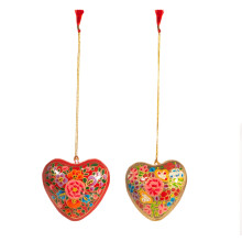 Set of 2 Kashmiri Floral Heart Papier Mache Decorations