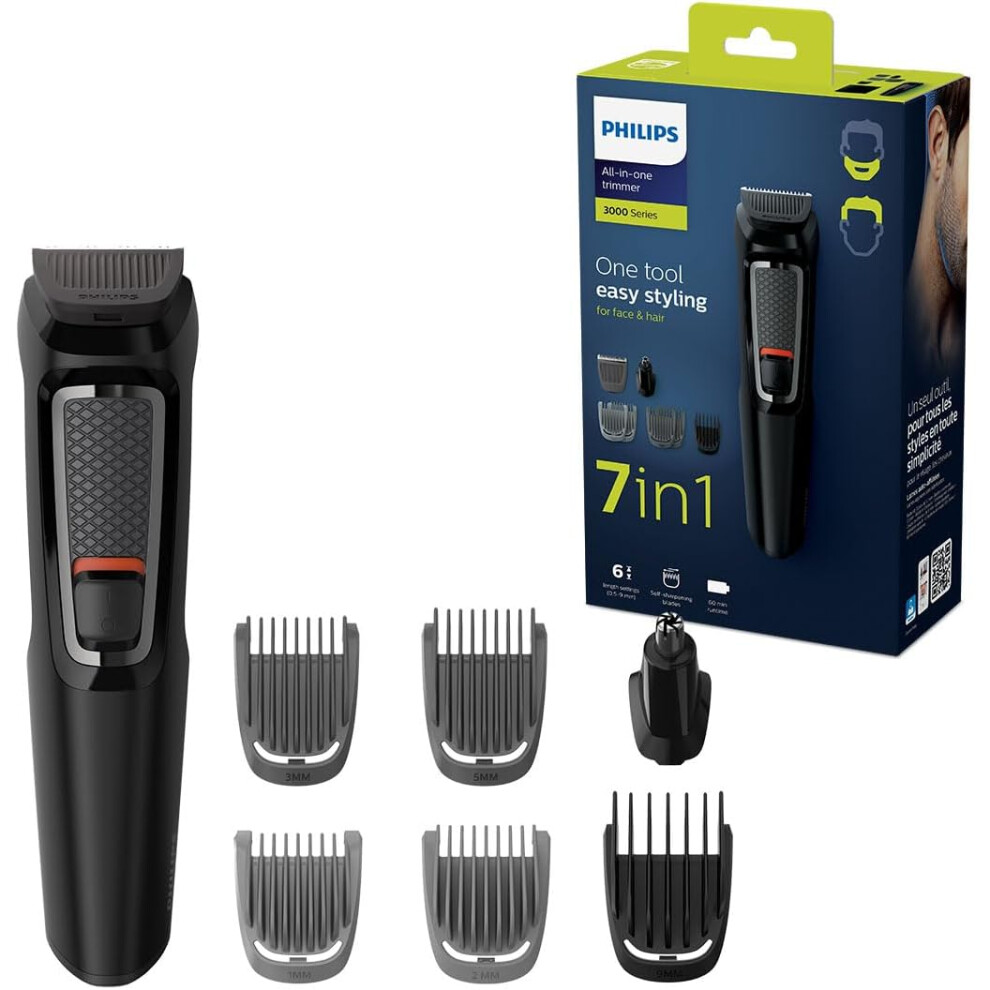 Philips 7 in1 All-In-One Trimmer, Series 3000 Grooming Kit for Beard & Hair with 7 Attachments, Including Nose Trimmer, Self Sharpen