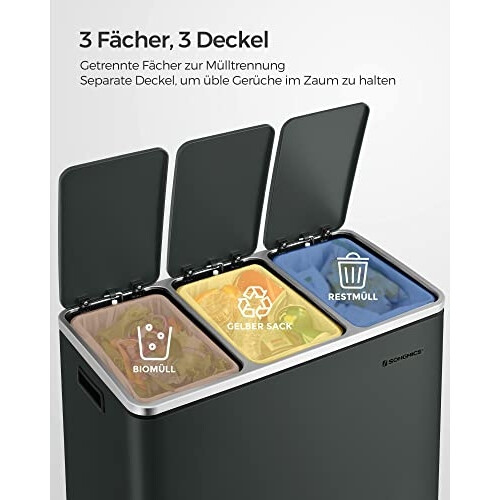 3-Compartment Soft-Close Pedal Recycling Bin, Easy Clean 2