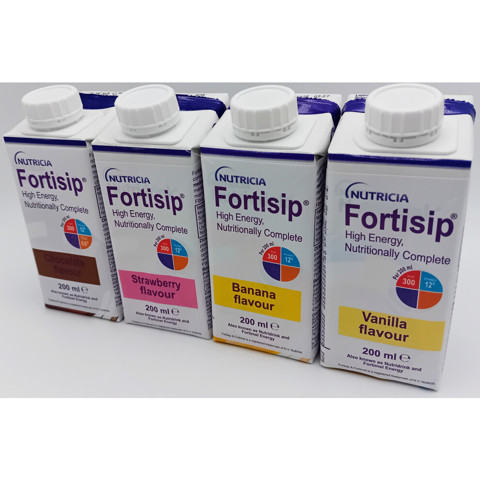 Nutricia Fortisip 200Ml Mixed Flavours Strawberry, Chocolate, Vanilla, Banana Pack Of 4 - Ref: For010, For009, For011, For008